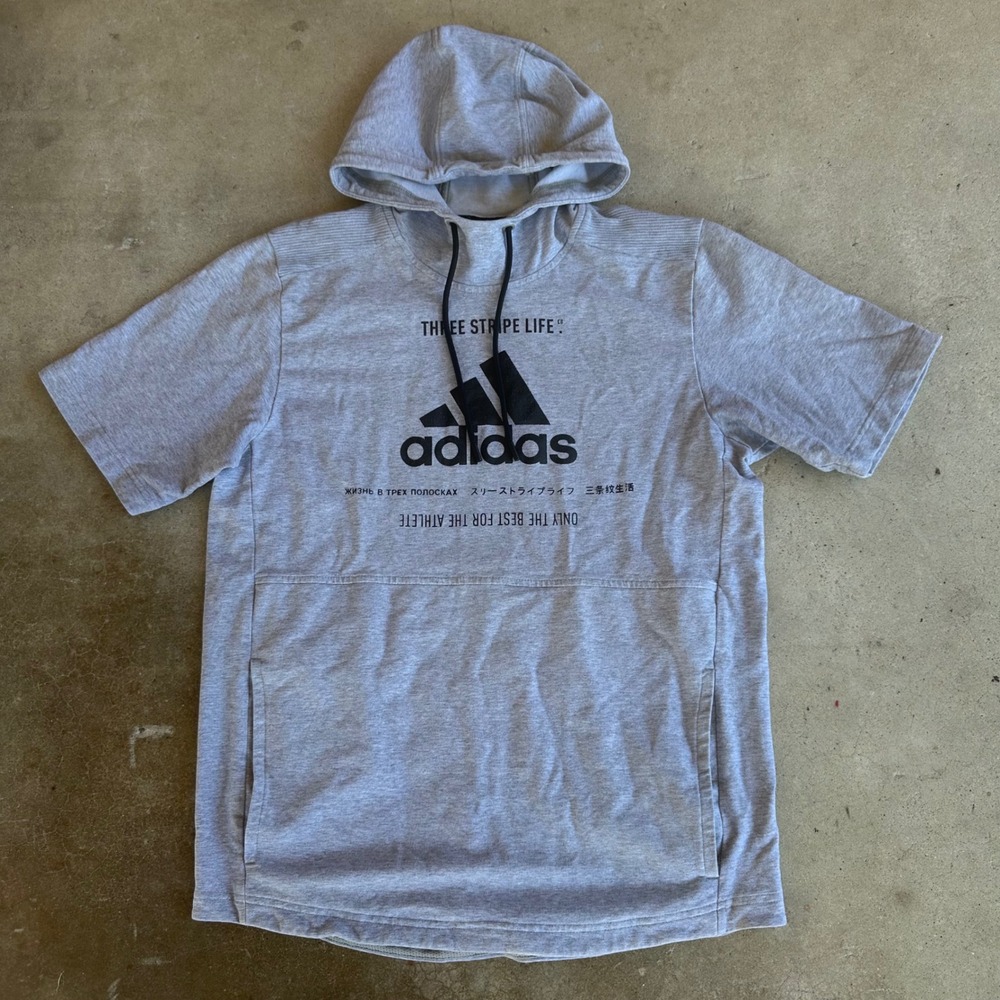 Adidas Short Sleeve Hoodie Mens Small Gray Excellent Three Stripe Life Logo